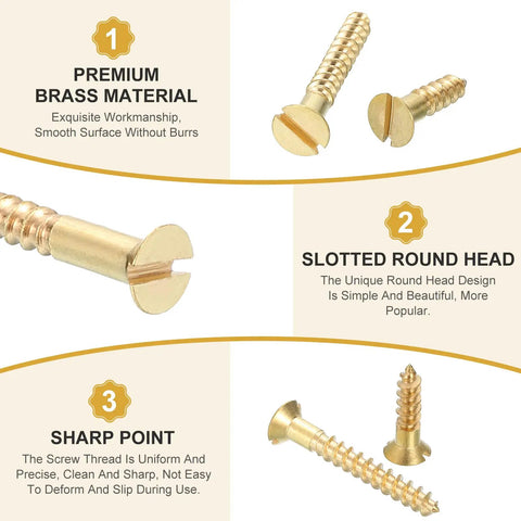 Brass Slotted Flat Head Wood Screws M4 x 30mm Self-Tapping For Indoor Furniture Appliances And Woodworking No-Fuss Quick Fix For Cabinets DIY Projects Fences And Home Improvement Pack Of 12 displayed with premium brass material, slotted round head, and sharp point features.