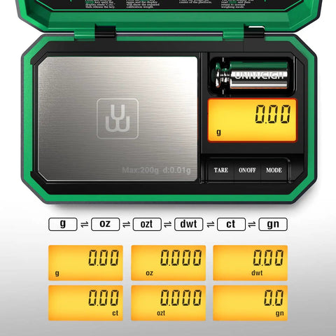 Grab And Go Portable Digital Pocket Scale With 200 G Capacity And 0.01 G Precision, six weigh modes, open green clamshell design