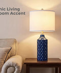 Set Of 2 Modern Ceramic Table Lamps Navy Blue Diamond Texture Farmhouse Vibe 25 Inch Nightstand Lamps in living room