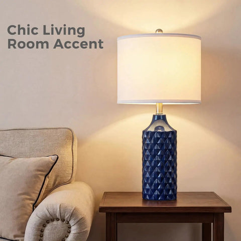 Set Of 2 Modern Ceramic Table Lamps Navy Blue Diamond Texture Farmhouse Vibe 25 Inch Nightstand Lamps in living room