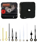 Hassle Free Snap In Dial Quartz Clock Movement Kit With Sleek Straight Hands, black movement with various clock hands for easy installation.