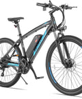 Heavy Duty Adult Electric Mountain Bike Built To Crush Local Trails, Offering A Peppy 750W Peak Motor, Fast 48V Battery, 27.5 Inch Tires, Lcd Screen, 55 Mile Range, And 21 Speed Gears, in black with blue accents.