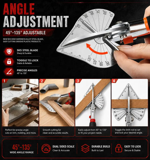 Adjustable 45 To 135 Degree Miter Shears For Wood Trim Molding, Quarter Round Cutting Tool, PVC Pipe Cutter With Spare SK5 Blades, Handy Miter Saw Alternative For Softwood And PVC Trunking, with angle scale