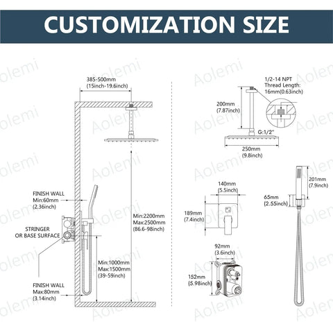 Installation diagram for Ceiling Mount Shower System with Rain Head and Handheld Spray, dimensions and components shown.