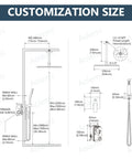 Diagram showing dimensions for Ceiling Mount Rain Shower System With 10 Inch Shower Head And Handheld Spray High Pressure Faucet Set