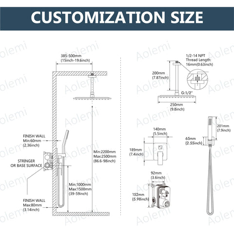 Diagram showing dimensions for Ceiling Mount Rain Shower System With 10 Inch Shower Head And Handheld Spray High Pressure Faucet Set