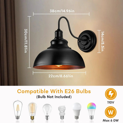 Industrial Black Wall Sconce With Dimmable Gooseneck Lighting And On Off Dimmer Switch, Vintage Farmhouse Style Wall Mount Lamp