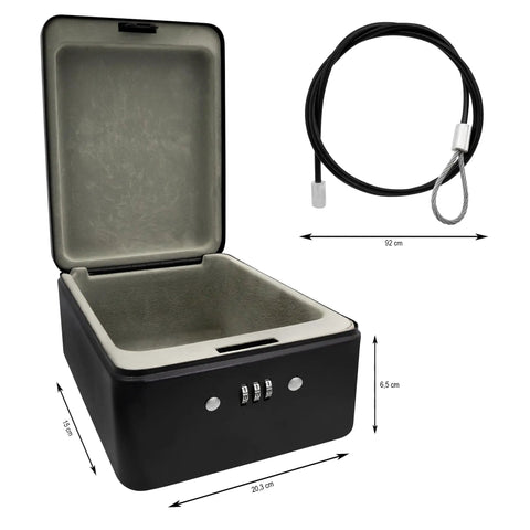 Open Sturdy Steel Safe Box With 3 Digit Combination Lock And Security Cable Black Compact 20 x 15 x 6 Cm Perfect For On The Go Or Home Use Durable Metal Construction Delivers Quick Access And Secure Storage with fabric lining