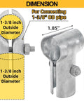 Diagram showing Six Pack End Rail T Clamps For 1-3/8 Inch OD Pipe Heavy Duty Galvanized Steel Fence Connectors with dimensions.