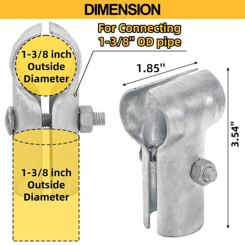 Diagram showing Six Pack End Rail T Clamps For 1-3/8 Inch OD Pipe Heavy Duty Galvanized Steel Fence Connectors with dimensions.