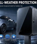Badass Outdoor EV Charger Enclosure With Sturdy Pedestal Stand And Hella Secure Combination Lock For Garage Or Driveway Weatherproof Electric Vehicle Box in rain.
