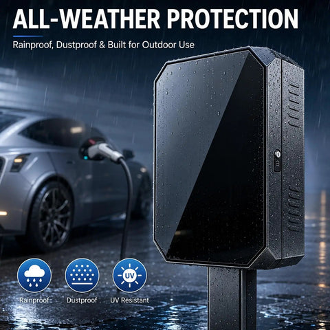 Badass Outdoor EV Charger Enclosure With Sturdy Pedestal Stand And Hella Secure Combination Lock For Garage Or Driveway Weatherproof Electric Vehicle Box in rain.
