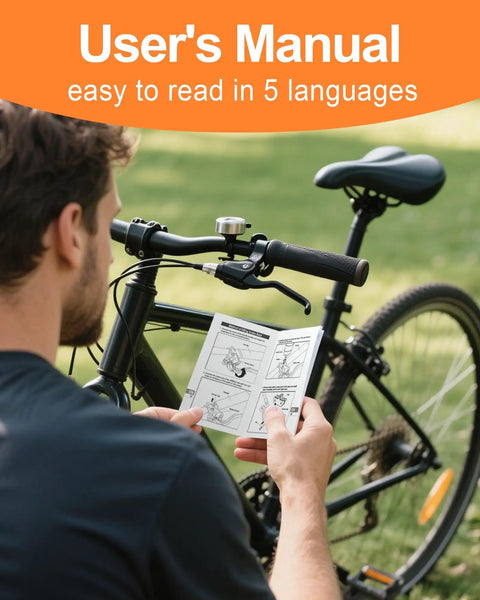 Man reading manual beside bike, Road Ready All In One Brake Bleed Kit For Hydraulic Disc Brakes Compatible With Shimano TEKTRO And TRP Includes 240 Ml Mineral Oil Fluid In Four 60 Ml Bottles Clear Funnel And Simple Step By Step Instructions.