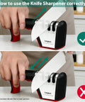 Proper use of 4 Stage Knife Sharpener For All Blades And Scissors With Cut Resistant Glove, showing correct sharpening angle on countertop