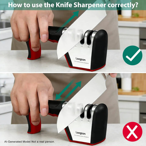 Proper use of 4 Stage Knife Sharpener For All Blades And Scissors With Cut Resistant Glove, showing correct sharpening angle on countertop