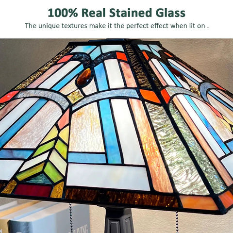 Stained Glass Tiffany Table Lamp 16 Inch Wide With Dope Mission Frank Lloyd Wright Style showcasing colorful shade details