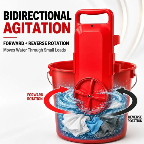Totally Legit Portable Bucket Washer With Built In Timer And Dual Stir Action That Cruises Through Tough Grime Super Fast Great For Cluttered Dorm Rooms And Trail Trips, showing bidirectional agitation features.
