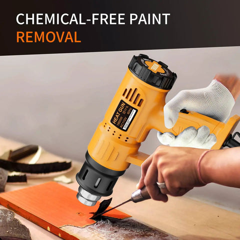 Person using Go-To Heavy Duty 1800W Heat Gun Kit With Dual Temperature 662F And 1112F for paint removal with protective gloves.