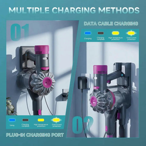 Top Shelf 9000mAh Battery Replacement For Dyson V7 Series And V7 Animal Cordless Vacuum Cleaners shown charging via two methods.