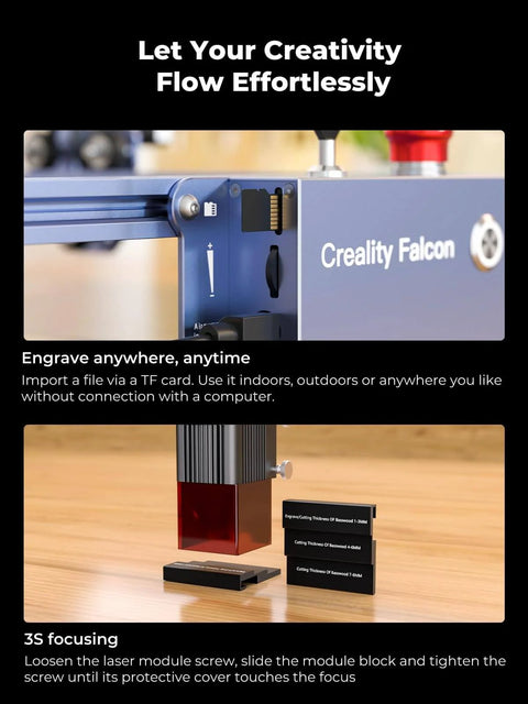 Close-up of 10W Pro Laser Engraver With Air Assist, featuring focus adjustment on the Falcon Pro CNC machine for crafts and DIY projects.