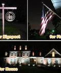 Outdoor Solar Lights 2 In 1 Waterproof Spotlights With Auto On Off And Adjustable Landscape Lighting highlighting signpost, flag, and house