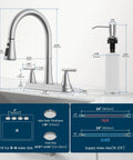 Sharp 8 Inch Two Handle Pull Down Kitchen Faucet With Integrated Soap Dispenser Sleek Brushed Nickel Finish with dimensions.