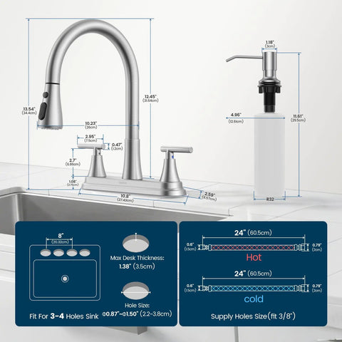 Sharp 8 Inch Two Handle Pull Down Kitchen Faucet With Integrated Soap Dispenser Sleek Brushed Nickel Finish with dimensions.