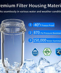 40 Micron Spin Down Sediment Filter And Reusable Water Filter For Whole House Pre Filtration System For City Water And Well Water 25 GPM 1 Inch MNPT Three Quarter Inch FNPT Three Quarter Inch MNPT showcasing durable housing material with ice.