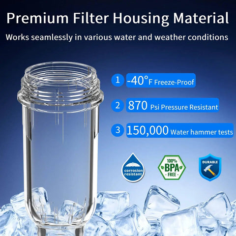 40 Micron Spin Down Sediment Filter And Reusable Water Filter For Whole House Pre Filtration System For City Water And Well Water 25 GPM 1 Inch MNPT Three Quarter Inch FNPT Three Quarter Inch MNPT showcasing durable housing material with ice.