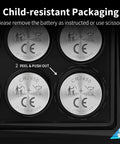 Bulletproof Cr2450 3V Lithium Coin Cell Batteries 6 Pack child-resistant packaging instructions for safe removal.
