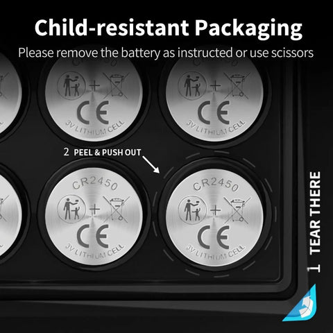 Bulletproof Cr2450 3V Lithium Coin Cell Batteries 6 Pack child-resistant packaging instructions for safe removal.