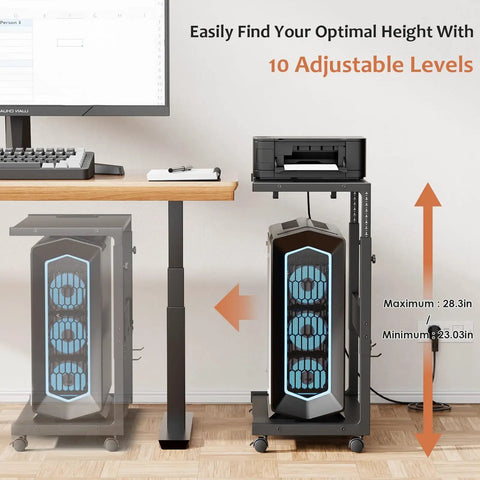 Boss Level Adjustable PC Tower Stand With Charging Station fits 23-28 inch towers under desk, dual 120V sockets, USB ports