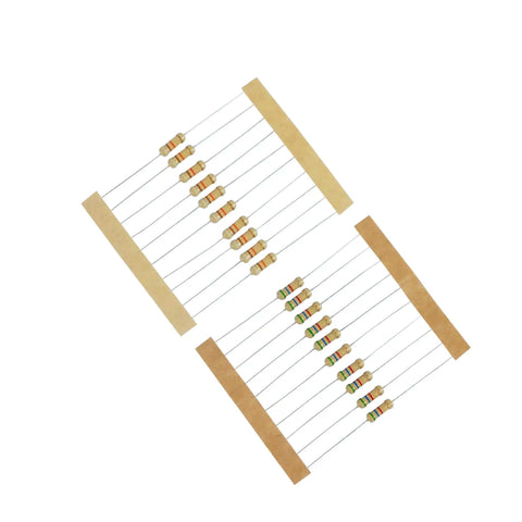 Ultimate Resistor Kit Starter Pack With 1500 Carbon Film Resistors, rows of resistors with paper tape, varying resistor values visible.