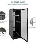 Heavy Duty 42U Server Rack Network Cabinet Built For 19 Inch Servers Featuring Secure Locking Mesh Doors with PDU and cooling fans.
