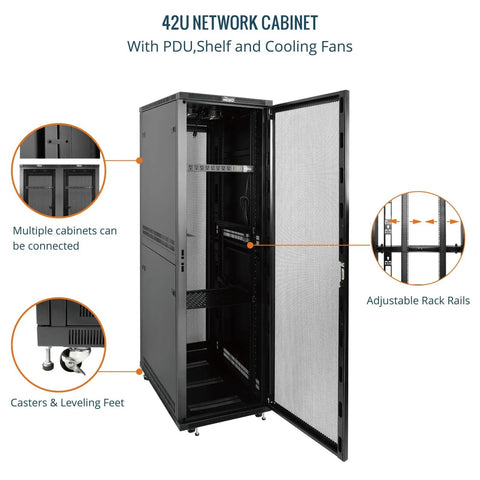 Heavy Duty 42U Server Rack Network Cabinet Built For 19 Inch Servers Featuring Secure Locking Mesh Doors with PDU and cooling fans.