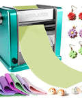 Heavy Duty Electric Polymer Clay Press Machine with Seven Adjustable Thickness Settings And Rust Resistant Stainless Steel Rollers For Smooth One Touch Operation Perfect For Jewelry Making Earring Creation And Detailed ArtsandCrafts Projects with green clay and earrings.