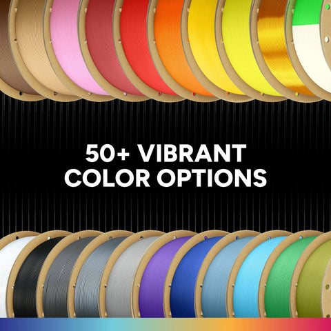 Multiple colored PLA filament spools in 50+ options, suitable for 1.75mm 3D printing with high precision and low clog performance.