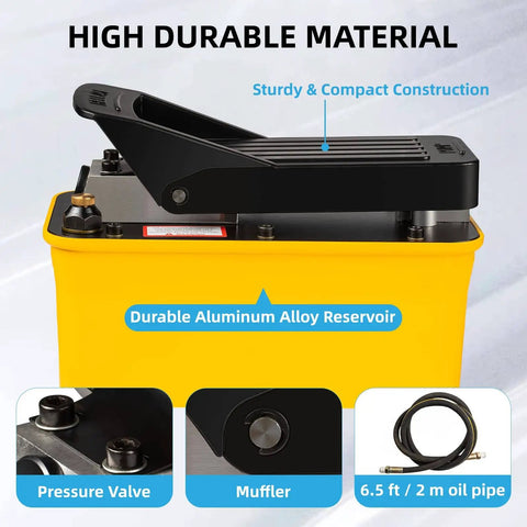 Air Hydraulic Foot Pump For Bead Breaker, 10,000 PSI, aluminum reservoir, pressure valve, muffler, hose, auto shop tool