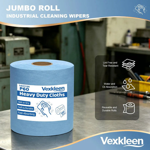 Workhorse Heavy Duty Industrial Wipes Blue 12 By 10 Inch Lint Free Cleanroom Cloths 500 Pack on a table, industrial cleaning wipes in jumbo roll.