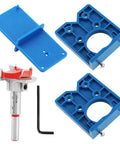 35mm Concealed Hinge Jig Kit For Cabinet Door Woodworking includes blue plastic base and precision drill bit for accurate hole placement.