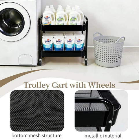 Two Tier Rolling Cart With Wheels For Under Desk Storage And Small Space Organization, holding detergent bottles, black