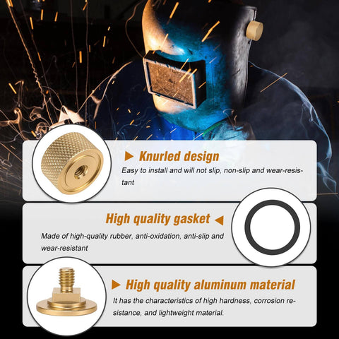 Welder using helmet with Dope Gold Aluminum Anodized Welding Hood Fasteners Set for Pipeliner Style Helmets, close-up of components