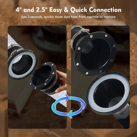 Quick Connect Magnetic Dust Collection Kit for 4 Inch And 2.5 Inch Hoses shown linking to woodworking tools with magnetic rings.