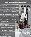 Built Like A Boss Benchtop Milling Machine With R8 Chucks, Gotta Love These Precision Micro Feed Drills, Straight Up Variable Speed Control, Heavy 1300 Watt Motor On 110 Volts For Metal Woodworking features detailed specifications and dimensions.