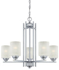 Five Light Indoor Chandelier In Chrome With White Linen Glass Hansen Model Perfect For Foyer Living Room Or Dining Area