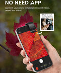 Pocket Phone Microscope 200X With LED Light And CPL Filter, Camera Attachment For iPhone And Android, No App Needed, on phone viewing a red leaf close-up