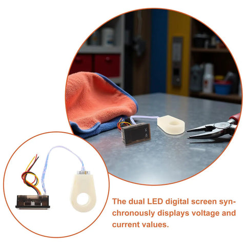 Compact Digital DC Volt And Amp Meter With Hall Effect Sensor Dual LED Display showing wires and LED screen on a workbench.