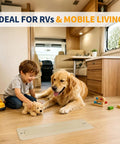 Child and dog playing near Aluminum RV Floor Register 2x10 With Magnetic Vent Cover For Inside Use in RV interior.