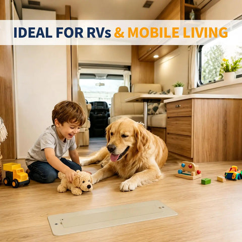 Child and dog playing near Aluminum RV Floor Register 2x10 With Magnetic Vent Cover For Inside Use in RV interior.