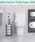 Sturdy Free Standing Toilet Paper Holder Dispenser With 3 Roll Storage Tower Metal Wire Black Finish Bathroom Organizer Stand shown in bathroom